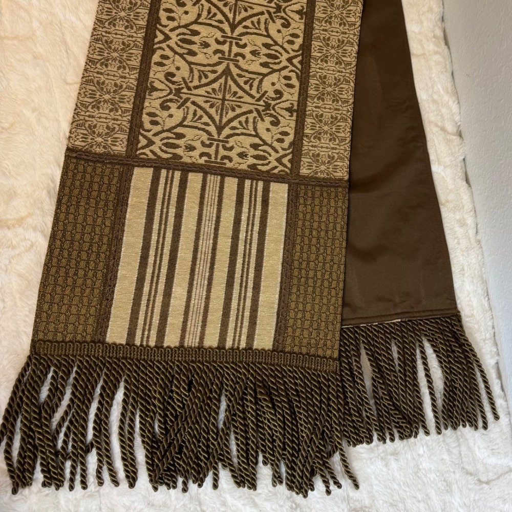 Chris Madden JCPenney Home Brown Tan Damask Stripe Fringed Table Runner 13x72